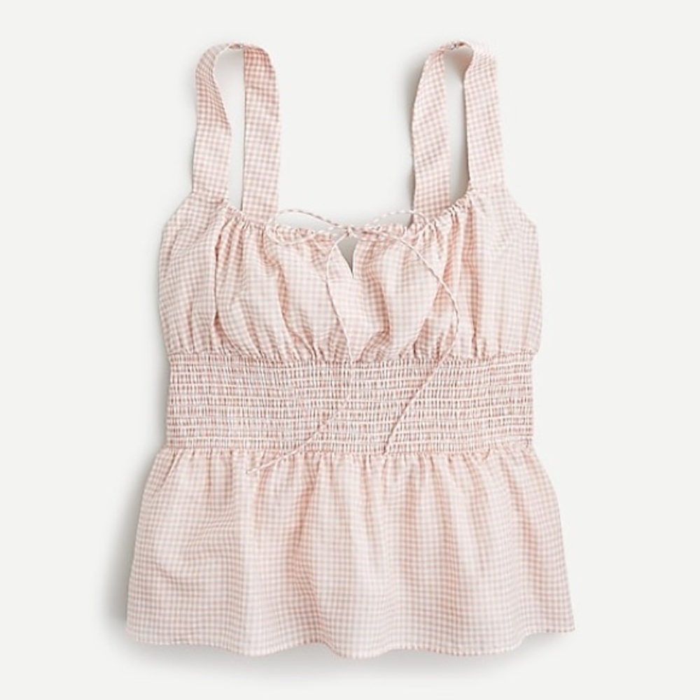NWT J. Crew Cotton Silk Gingham Smocked Waist Tank Top Pink Milkmaid M